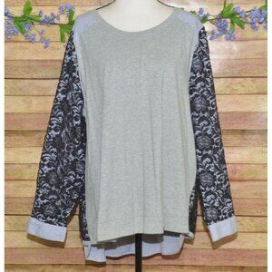 Lane Bryant Womens Gray Long Sleeve Knit Top 22/24 Black Floral Sheer Lace Hi-Lo